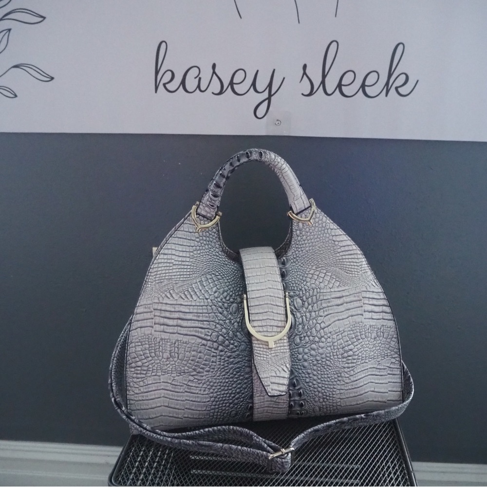 Gray Ostrich Satchel with Strap